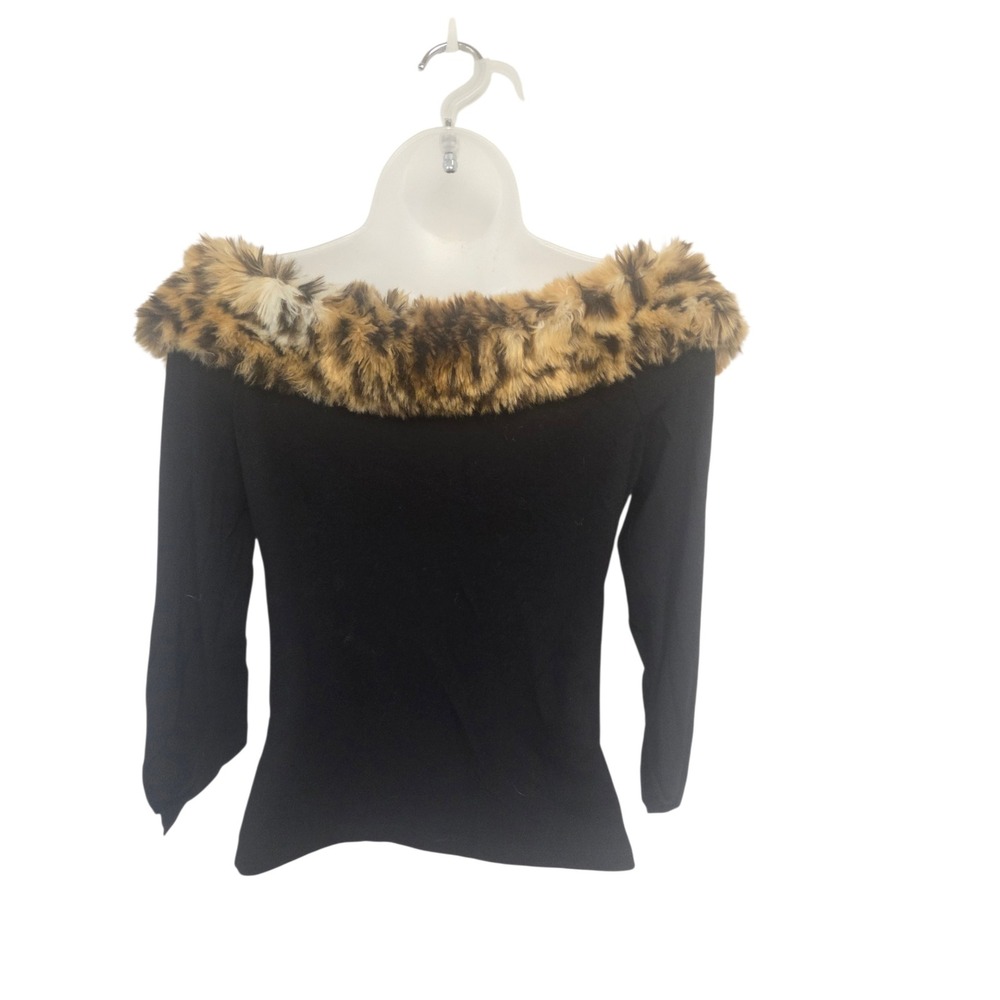 "Y2K Off Shoulder Faux Fur Trim Sweater Top Black Coquette Glam